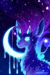  2016 ambiguous_gender blue_eyes blue_fur blue_hair blue_theme cervine clockbirds countershading crescent_moon dark_theme deer detailed_background dripping feral fur glowing glowing_eyes grey_countershading hair horn ixi looking_at_viewer looking_back mammal moon neopets night outside portrait purple_hair sky solo star starry_sky 
