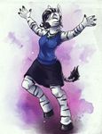  5_fingers anthro black_hair breasts clothed clothing equine female hair hooves jewelry mammal necklace smile solo standing tasanko traditional_media_(artwork) watercolor_(artwork) white_hair zebra 
