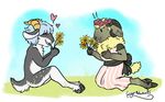  anthro blonde_hair blue_hair caprine clothed clothing eating female flower fur gingermetuchenpi goat grey_fur hair hi_res hooves horn kara_(trippledot) male mammal one_eye_closed plant white_fur 