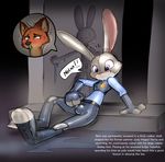  2017 3_fingers 3_toes anthro blush bodysuit bulge canine clothed clothing disney english_text fox fur green_eyes grey_fur judy_hopps lagomorph male mammal nick_wilde orange_fur paws permanent purple_eyes rabbit redflare500 rubber shiny sitting skinsuit smile solo suit suit_transformation sweat text tight_clothing toes transformation white_fur zootopia 