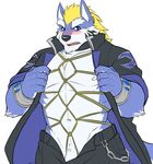  barely_visible_penis bdsm blue_fur blush bondage bound canine clothing fenrir_(housamo) fur hi_res male mammal muscular muscular_male open_jacket pants piercing rope rope_bondage rope_harness solo tattoo tokyo_afterschool_summoners wolf 