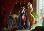  2018 4_toes alsareslynx alsaresnolynx amazing_background anthro armor bed bedroom black_nose bottomless breastplate breasts brown_fur brown_hair canine cape claws clothed clothing countershading cybelle_(tannou) day detailed_background digitigrade dipstick_tail dog drapery duo featureless_breasts featureless_crotch feline female fur furgonomics gauntlets gloves hair inside lion mammal mask melee_weapon multicolored_tail nude pillow plant potted_plant red_fur roots smile standing sword tassels toes town weapon white_countershading white_hair yellow_fur zilla_(airlea) 