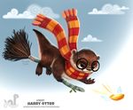  2017 ambiguous_gender black_eyes broom brown_fur clam cloud cryptid-creations english_text eyewear feral fur glasses golden_snitch harry_potter harry_potter_(character) humor mammal mustelid otter pun scarf shell sky solo text white_fur wings 