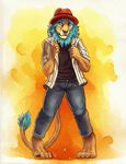  4_toes 5_fingers anthro barefoot blue_hair clothed clothing facial_piercing feline hair hat lion mammal nose_piercing nose_ring piercing solo standing tasanko toes 