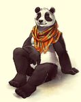  5_fingers anthro bear black_fur black_nose eyes_closed female fur mammal panda scarf simple_background sitting smile solo tasanko white_background white_fur 