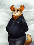  anthro brown_eyes day detailed_background male mammal mouse outside rodent snow snowing solo tasanko tongue whiskers 