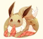  brown_eyes eevee faux_figurine full_body gen_1_pokemon highres looking_at_viewer lying mouth_hold nibbling no_humans on_floor on_stomach paws pokemon pokemon_(creature) rag simple_background ushiina yellow_background 