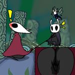  ambiguous_gender arthropod blush cape clothing empty_eyes female hollow_knight hollow_knight_(species) hornet_(hollow_knight) insect melee_weapon protagonist_(hollow_knight) pussy pussy_juice sweat sword video_games weapon zexar7 