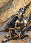  5_fingers anthro antlers balls cervine detailed_background elk hi_res hibbary holding_object horn male mammal nude sitting solo 