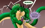  abs anthro biceps dialogue dragon dragon_ball dragon_ball_z erection grin holding_penis horn humor macro male muscular pecs penis porunga rape_face red_eyes scalie silversketch size_difference smile spikes 