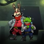  2018 alcohol amphibian anthro belt beverage blush bulge clothed clothing drunk duo erection frog fur half-closed_eyes hare hat jacket lagomorph long_ears male male/male mammal namelessg0d nintendo overweight overweight_male penis peppy_hare rabbit scarf slippy_toad star_fox surprise toad video_games 