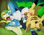  abdominal_bulge anus balls blue_scales blush brown_eyes brown_stripes clenched_teeth cum cum_in_pussy cum_inside eyes_closed female feral feral_on_feral froakie fur grass green_scales group lying male male/female nintendo on_back oshawott outside penetration penis pikachu pok&eacute;mon pok&eacute;mon_(species) saliva scales snivy stripes tapering_penis teeth tongue tongue_out vaginal vaginal_penetration video_games winick-lim yellow_fur yellow_scales 