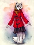 anthro arctic_fox brown_eyes canine clothed clothing female fox hair mammal smile solo standing tasanko traditional_media_(artwork) watercolor_(artwork) white_hair 