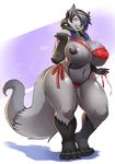  2018 anthro areola big_breasts bikini_lift breasts canine claws clothing coyote dipstick_tail female fox hair huge_breasts huge_thighs hybrid looking_at_viewer mammal multicolored_hair multicolored_tail navel nipples ocaritna one_breast_out purple_eyes slightly_chubby smile solo thick_thighs toe_claws two_tone_hair voluptuous wide_hips zenocoyote_(oc) 