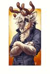  anthro antlers brown_eyes cervine clothed clothing hair horn looking_at_viewer male mammal reindeer smile solo tasanko white_hair 