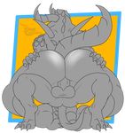  anal anal_penetration anthro anus balls brown_skin cowgirl_position dariusleodragon deathclaw duo fallout horn invalid_tag jakob_(leodragonarts) lizard male male/male muscular muscular_male on_top penetration penis reptile scalie sex spikes video_games 
