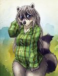  anthro black_nose blue_eyes bottomless breasts clothed clothing female grey_hair hair inner_ear_fluff long_hair mammal procyonid raccoon shirt shy simple_background slightly_chubby solo tasanko traditional_media_(artwork) watercolor_(artwork) 