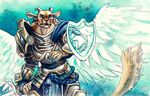  blue_eyes brown_fur charr feathered_wings feathers feline fur guild_wars holding_object holding_weapon horn mammal melee_weapon solo sword tasanko video_games weapon wings 