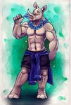  abs anthro clothed clothing eyes_closed grey_skin horn male mammal rhinoceros smile solo tasanko topless 