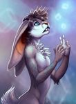  5_fingers anthro big_ears chest_tuft digital_media_(artwork) grey_hair hair lagomorph male mammal markings nude open_mouth rabbit solo tasanko teeth tuft 