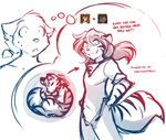  2018 ambiguous_gender anthro baby canine clothed clothing cub curled_up duo english_text feline flora_(twokinds) fur grin hair hi_res humor hybrid keidran long_hair male mammal monochrome natani nervous ponytail shocked simple_background sketch smile solo_focus striped_fur stripes sweat sythe_(twokinds) teenager text thought_bubble tiger tom_fischbach twokinds webcomic white_background wolf young 