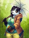  5_fingers anthro bear black_fur black_hair black_nose breasts clothed clothing ear_piercing female fur green_eyes hair looking_at_viewer mammal panda piercing smile solo standing tasanko 