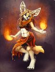  anthro barefoot black_nose blonde_hair breasts brown_nose canine clothed clothing digitigrade female fennec fire fox hair looking_at_viewer mammal midriff navel smile solo tasanko 