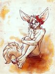  anthro canine eyewear female fennec fox fur glasses mammal nude red_eyes sitting smile solo tasanko white_fur 