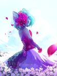  anthro blue_countershading blue_eyes blue_hair breasts canine clockbirds clothed clothing corset countershading detailed_background dress female flower_petals flowers_in_hair fully_clothed fur hair lacing lingerie looking_at_viewer looking_back mammal neopets outside patchwork petals portrait purple_fur simple_background sky solo standing white_background xweetok 