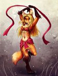  4_toes anthro black_nose blonde_hair canine clothing ear_piercing female fox fur green_eyes hair lingerie mammal midriff navel orange_fur piercing smile solo tasanko toes 