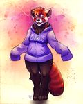  &lt;3 anthro barefoot clothing eyes_closed female hoodie mammal open_mouth red_panda smile solo standing tasanko teeth traditional_media_(artwork) watercolor_(artwork) whiskers 
