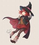  boots brown_eyes cape danganronpa hair_ornament hairclip hand_on_headwear hat new_danganronpa_v3 open_mouth pantyhose pleated_skirt red_hair short_hair skirt solo tomoco9 witch_hat yumeno_himiko 