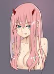  :p breasts cleavage collarbone cropped_arms cropped_torso darling_in_the_franxx eyebrows_visible_through_hair green_eyes grey_background hair_censor hair_over_breasts horns kazuma_muramasa long_hair medium_breasts pink_hair solo tongue tongue_out wet zero_two_(darling_in_the_franxx) 