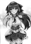  1girl :d breasts cowboy_shot eyebrows_visible_through_hair floating_hair frilled_skirt frills greyscale hairband hand_in_hair highres long_hair looking_at_viewer medium_breasts miniskirt monochrome novel_illustration official_art open_mouth riv scan seirei_gensouki shiny shiny_hair shoulder_armor skirt smile solo spaulders standing thighhighs very_long_hair zettai_ryouiki 
