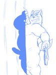  2017 5_fingers anthro balls big_muscles blue_and_white butt canine clothing dog erection male mammal monochrome musclegut muscular muscular_male nude penis shiba-kenta simple_background smile solo standing underwear 
