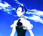  androgynous benitoite_(houseki_no_kuni) blue_eyes blue_hair blue_sky cloud day gem_uniform_(houseki_no_kuni) houseki_no_kuni looking_away necktie short_hair sky solo tezo_(mokka_mk) uniform upper_body 