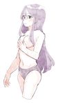  blush breasts covering covering_breasts cropped_legs doki_doki_literature_club groin hair_between_eyes highres long_hair medium_breasts moonexplorers navel panties purple_eyes purple_hair purple_panties scar sketch slit_wrist solo thighs topless underwear underwear_only white_background yuri_(doki_doki_literature_club) 