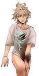  1boy ahoge bangs commentary eyebrows_visible_through_hair fate/apocrypha fate_(series) male_focus mine_(odasol) no_panties red_eyes shirt short_hair sieg_(fate/apocrypha) simple_background solo solo_focus white_shirt 
