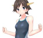  blue_eyes blush breasts brown_hair eyebrows_visible_through_hair hiei_(kantai_collection) highres kantai_collection looking_at_viewer short_hair small_breasts smile solo swimsuit takafumi white_background 