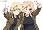  2girls ;) ;d alternate_costume arm_around_shoulder blonde_hair blue_eyes bomber_jacket breasts bukkuri cowboy_shot darjeeling dated girls_und_panzer jacket kay_(girls_und_panzer) long_hair medium_breasts multiple_girls one_eye_closed open_mouth saunders_military_uniform sketch smile tank_top v 