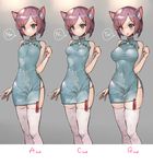  :o animal_ears bangs bare_arms bare_shoulders blue_dress blush breasts brown_hair cat_ears china_dress chinese_clothes closed_mouth commentary_request dress eyebrows_visible_through_hair floral_print grey_background head_tilt highres hitowa large_breasts medium_breasts original panties panty_pull parted_lips pink_legwear print_legwear see-through short_hair side_slit simple_background sleeveless sleeveless_dress small_breasts solo thighhighs underwear v-shaped_eyebrows white_panties 