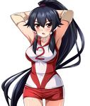  :o alternate_costume armpits arms_behind_head arms_up bangs black_hair blush breasts breath collarbone cosplay cosplay_request covered_navel cowboy_shot elbow_pads girls_und_panzer hair_between_eyes high_ponytail kantai_collection large_breasts long_hair looking_at_viewer open_mouth pink_eyes red_shorts shirt shorts sidelocks simple_background sleeveless sleeveless_shirt solo sportswear standing sweat v-shaped_eyebrows very_long_hair volleyball_uniform wet white_background yahagi_(kantai_collection) zanntetu 