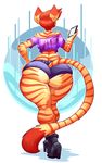  2018 anthro big_butt butt cat clothed clothing feline female footwear fur hair hand_on_hip high_heels jaeh loree mammal orange_hair phone shoes short_hair shorts solo stripes thick_thighs voluptuous wide_hips 