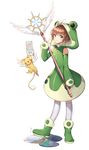  animal_costume antenna_hair bell_(akzkfhd45) brown_hair cardcaptor_sakura clear_card frog frog_costume full_body green_eyes highres kero kinomoto_sakura magical_girl short_hair simple_background smile wand water white_background wings yume_no_tsue 