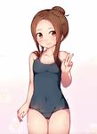  ass_visible_through_thighs breasts brown_eyes brown_hair competition_school_swimsuit covered_navel cowboy_shot deru06 grey_swimsuit hair_bun karakai_jouzu_no_takagi-san long_hair looking_at_viewer one-piece_swimsuit school_swimsuit sidelocks simple_background small_breasts solo swimsuit takagi-san thigh_gap v white_background 
