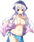  1girl absurdres ahoge azur_lane bare_shoulders bikini blush braided_bun breasts cleavage closed_mouth collarbone cowboy_shot cygnet_(azur_lane) double_bun fur-trimmed_jacket fur_trim highres jacket large_breasts long_hair long_sleeves looking_at_viewer maritaki mouth_hold navel off_shoulder open_clothes open_jacket plaid purple_eyes sarong silver_hair smile solo standing stomach swimsuit untied untied_bikini white_bikini white_jacket 