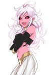  alternate_form android_21 black_nails black_sclera commentary crossed_arms dragon_ball dragon_ball_fighterz evil_smile fangs highres kyou_(ningiou) lavender_hair looking_at_viewer majin_android_21 nail_polish navel open_mouth pink_skin pointy_ears red_eyes smile solo stomach 