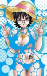  1girl :o black-framed_eyewear black_hair breasts bubble_filter cleavage collarbone female glasses highres hoimin_(anchangdeath) hunter_x_hunter large_breasts looking_at_viewer midriff nude purple_eyes shizuku_(hunter_x_hunter) short_hair solo spider tattoo v 