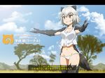  animal_ears badger_ears badger_tail blush breasts brown_eyes character_name claws cleavage cloud collarbone commentary_request day fur grey_hair grin groin hair_between_eyes japari_symbol kemono_friends killing_bites lens_flare letterboxed medium_breasts navel outdoors outstretched_arms panties parody partially_translated savannah scientific_name sky smile solo spread_arms standing tail tank_top tom_(drpow) translation_request tree underwear uzaki_hitomi v-shaped_eyebrows white_panties white_tank_top 