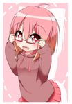  :d absurdres akaneko_(idaten93) bangs bespectacled blush breasts brown_hoodie commentary_request eyebrows_visible_through_hair fang glasses gradient_hair hair_between_eyes highres hood hood_down hoodie idaten93 long_sleeves looking_at_viewer multicolored_hair open_mouth orange_hair original pink_hair pleated_skirt red-framed_eyewear red_eyes red_skirt semi-rimless_eyewear skirt sleeves_past_wrists small_breasts smile solo under-rim_eyewear 